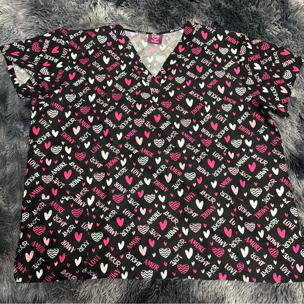 Heart Patterned Black and Pink Scrub Top